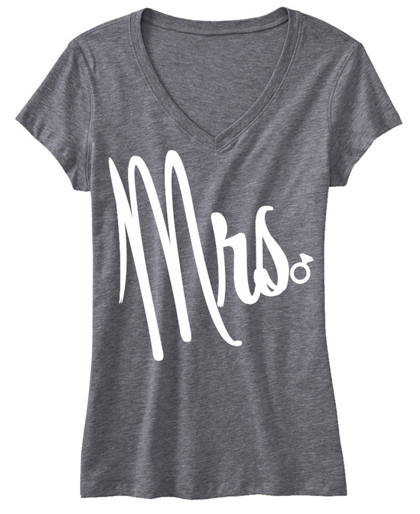 MRS Bride Shirt Cursive Print, Gray V-neck