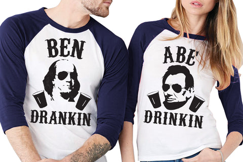 4th of July Drinking Shirt Navy Blue Sleeves - "BEN DRANKIN or "ABE DRINKIN"
