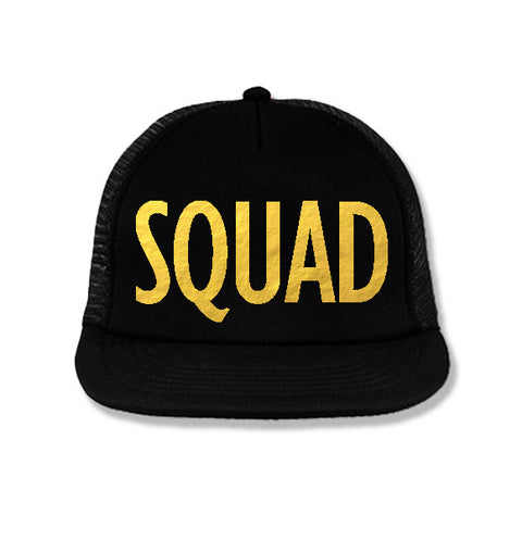 SQUAD Snapback Trucker Hat Black with Gold Print