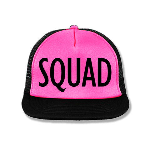 SQUAD Snapback Trucker Hat Pink with Black Print