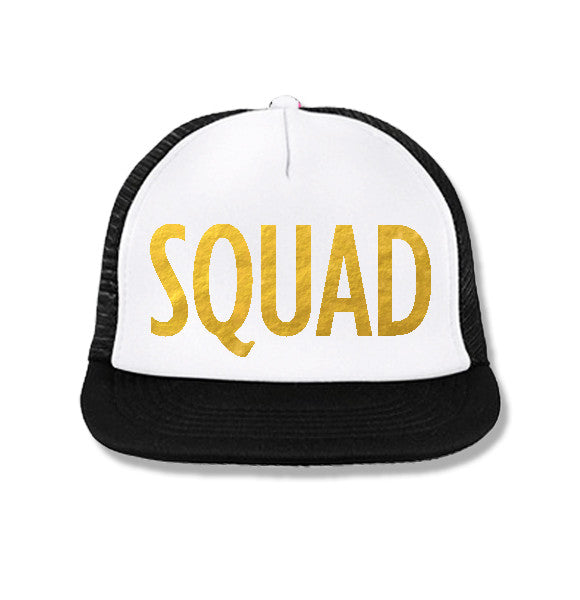 SQUAD Snapback Trucker Hat White with Gold Print