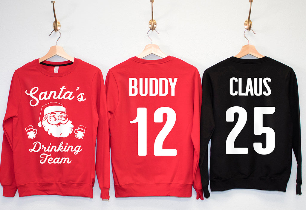 SANTA'S DRINKING TEAM Christmas Crew Neck Sweatshirts - Pick Name & Number