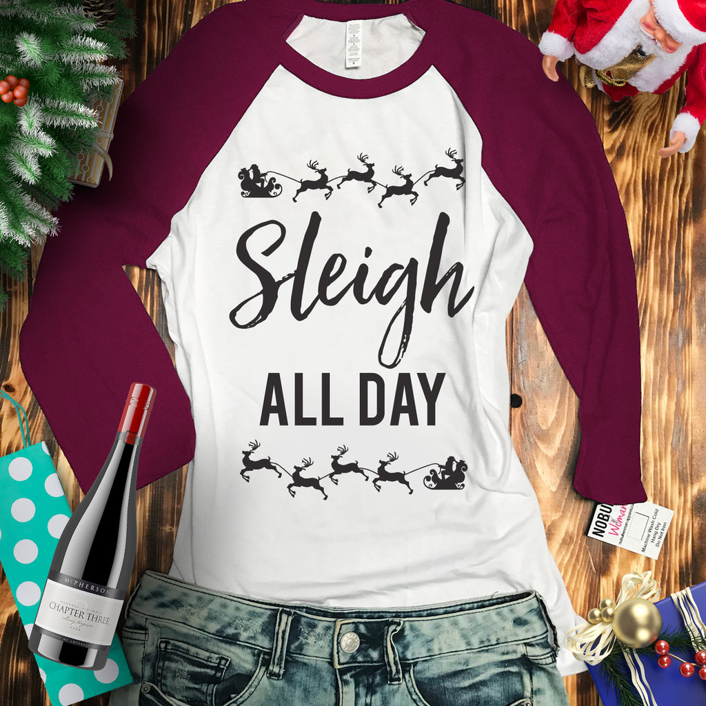 Sleigh All Day Christmas Burgundy Baseball Tee