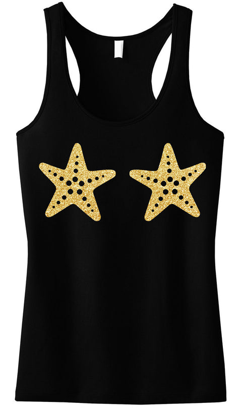 MERMAID Starfish Black Tank Top Gold Glitter Print