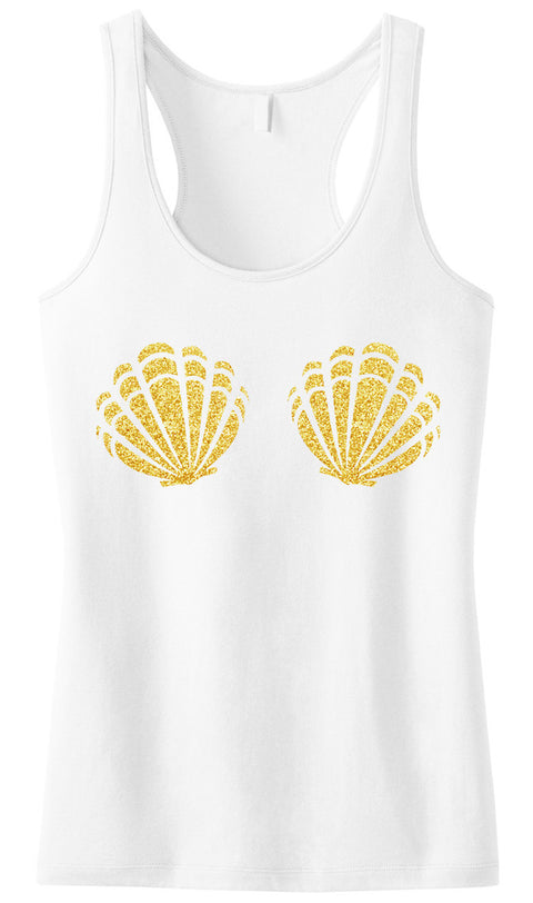 MERMAID Sea Shells White Tank Top Gold Glitter Print