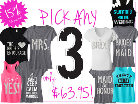 3 Bridal Wedding Shirts 15% OFF Bundle Deal: Mrs Shirt, Bride Shirt, Maid of Honor, Bridesmaid