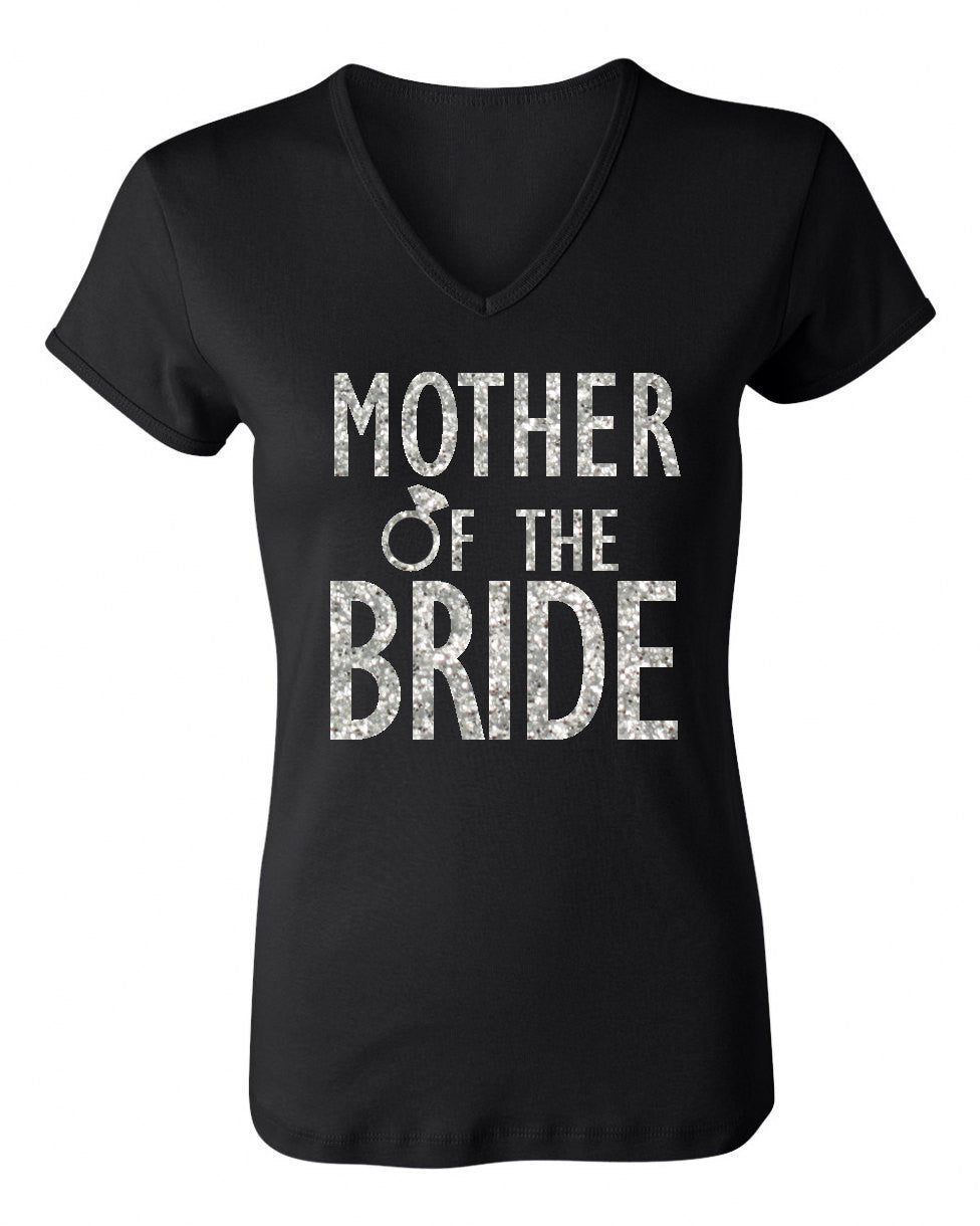 MOTHER of the BRIDE GLITTER Shirt Black V-neck