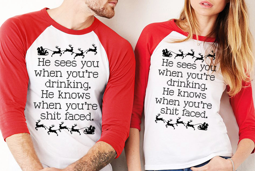 He Sees You When You're Drinking Explicit Christmas Baseball Tee Red - Unisex